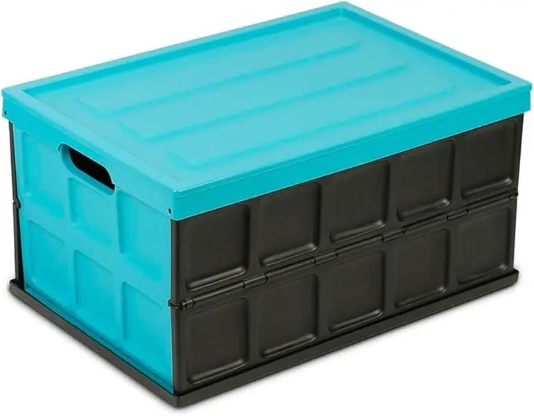 DIY Customizable Collapsible Storage Bin with Lid - 48L Foldable Plastic Box for Garage, Car Trunk, and Organization - Stackable Lidded Container with Handles, Turquoise