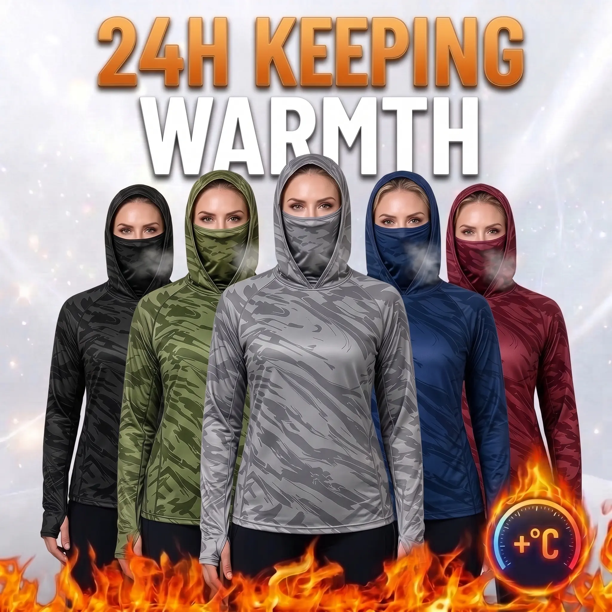 5 Pack & 10 Pack Women Thermal Hooded Long Sleeve Shirt, Built-in Balaclava Face Mask, 24H Warm Thumb Hole Cold Weather Tops for Hiking Fishing Camping Outdoor