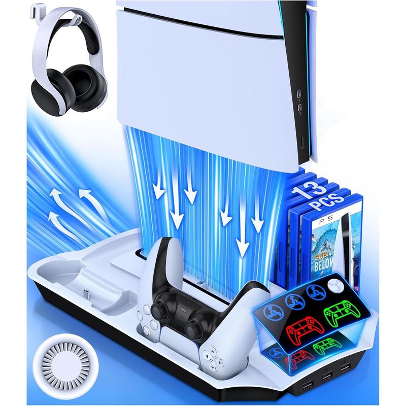 PS5 Slim Stand and Turbo Cooling Station with Dual Controller Charger Station for Playstation 5, PS5 Console Accessories with 3 Levels Cooling Fan 13-Game Organizer Headset Holder for PS5 Digital/Disc