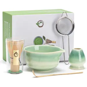 Matcha Set, Matcha Bowl with Spout, Matcha Whisk and Holder,  Matcha Scoop and Stainless Steel Sifter - 5 count Gradient Green Matcha Kit for Matcha Lover