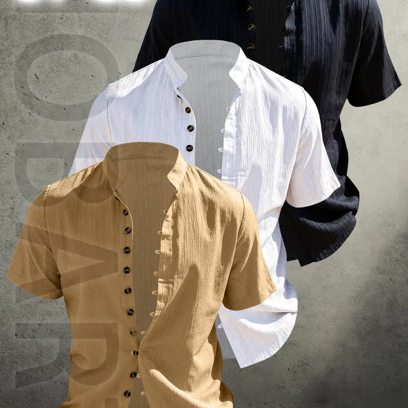 3pcs Men's Summer Short Sleeve Shirts, Casual Fitted Shirt, Lightweight Plain Button-Up Shirt with Stand Collar, Breathable Basic Solid Color Design, Machine Washable, Suitable for Beach Vacation and Pool Party, Tropical & Casual Attire