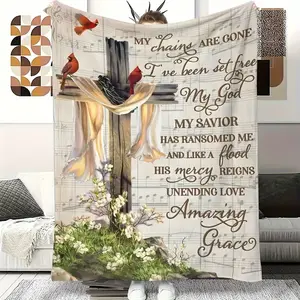 Amazing Grace Christian Hymn Gift Soft Cozy Flannel Blanket Cardinal Cross Religious Scripture Print Plush Throw Warm Fuzzy Bedroom Sofa Blanket Perfect Baptism Easter Birthday Christmas Gift for Christian Believers Women Men Home Decor,summervibes