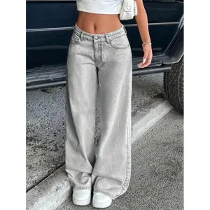 Vintage Low Rise Non-Stretch Washed Straight Jeans Women's Wide Leg Pants Baggy Womenswear Bottom Trouser Streetwear Comfort Lightweight Polyester Fitted All Seasons
