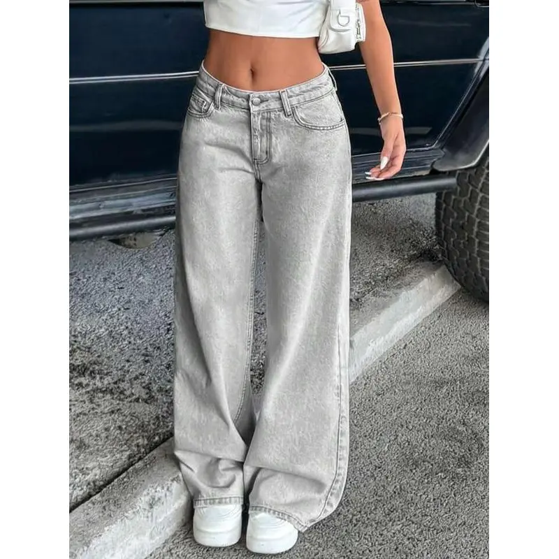 Vintage Low Rise Non-Stretch Washed Straight Jeans Women's Wide Leg Pants Baggy Womenswear Bottom Trouser Streetwear Comfort