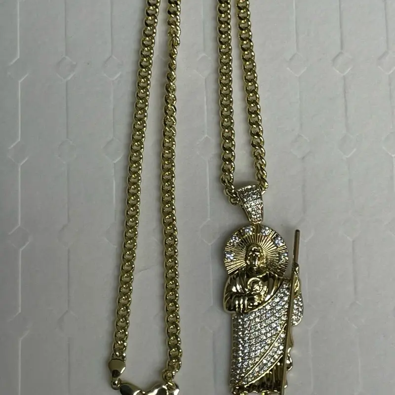 Durable jewelry no green skin Cuban Link Necklace (chain) with San Judas Tadeo stones