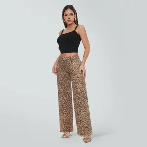 Magic ONESO Mid-low Rise Baggy Jeans Stretchy Wide Leg for Women Distressed Pants Isla-Brown Leopard Print Womenswear Bottom 8001 Lady Basic Minimalist Comfortable Denim Tummy Control Curve Hugging Plus Size Regular Size BBL