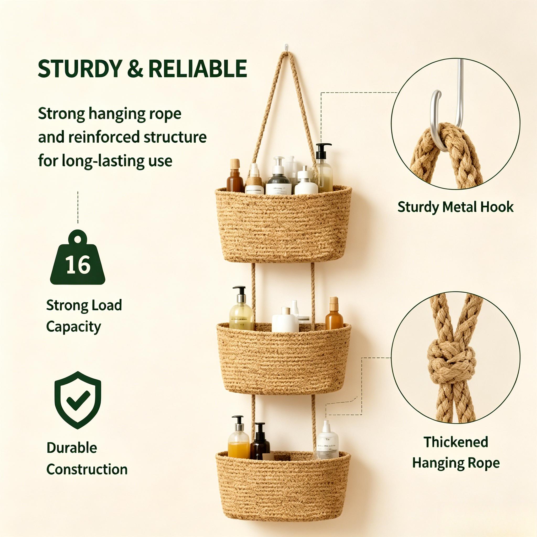 Woven cotton 3-Tier Over the Door Basket, Wall-Mounted Jute Bathroom Storage Organizer – Decorative Nursery Baskets, Perfect for Busy Mom/Dad to Store Diapers & Toys small basket Gift Hook laundry basket house organizers