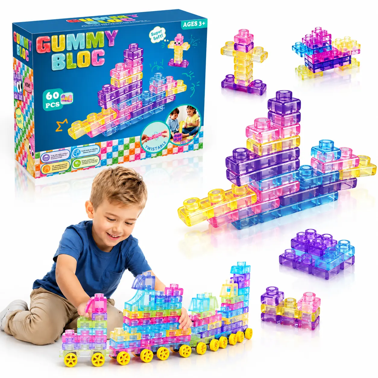 40-Piece Jelly Blocks Building Set, Soft Squishy Stretchable Sensory Stress Relief Toys, Montessori STEM Educational Tower Stack Blocks for Toddlers Age 3+