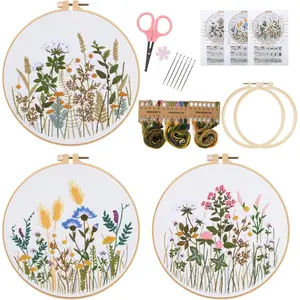 3 Sets Embroidery Kit for Beginners, Fabric  Stitch Kits for Adults, DIY Embroidery Starter Kits with Floral Flower Patterns, Embroidery Hoops, Clothes, Threads and