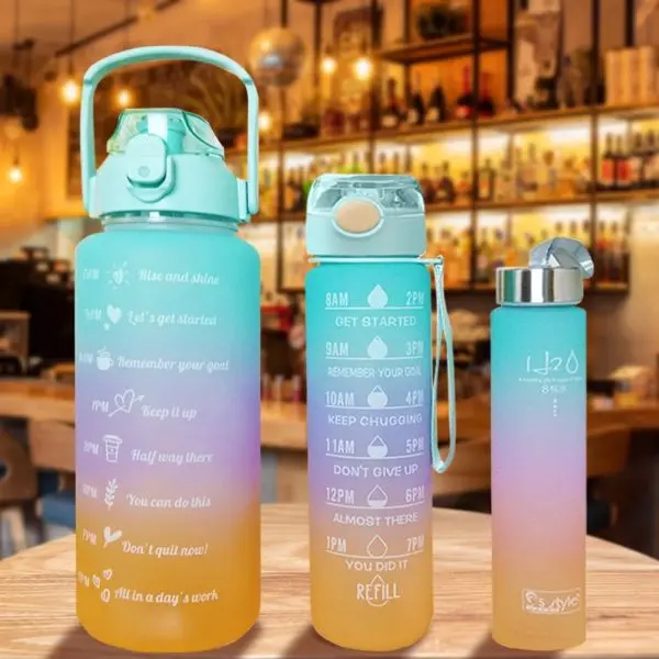 TWINS CHA & SAL 3 in 1 Water Bottle Set with Time Marker Straw 2000ml 900ml 300ml Blue Purple Orange Gradient Design Drinkware Washable Bottled