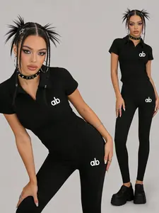 Women's American Style Spring Summer New Slim Comfortable Cinched Waist Turn-Down Collar Short Sleeve Top + Yoga Sport Long Pants Streetwear Tracksuit Set