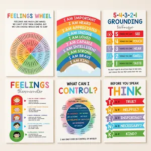 12Pcs 10"×14" Rainbow Laminated Calming Corner Posters, waterproof tear-resistant wipeable wall art with rounded corners, complete feelings wheel, mood meter and calming strategy charts. Great for back to school & teacher gifts, ideal for preschool.