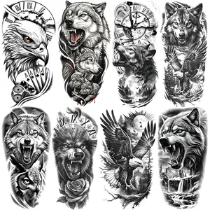 8 Tribal Wolf Eagle Temporary Tattoos, Waterproof Realistic Design, Suitable for Legs Arms Neck, Men Women Adult Party Body Decor
