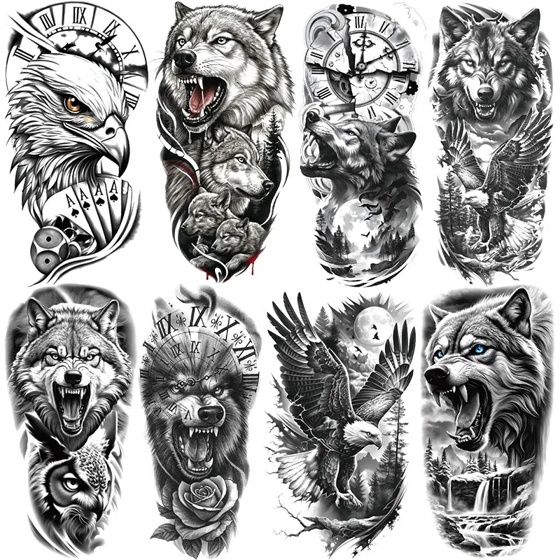 8 Tribal Wolf Eagle Temporary Tattoos, Waterproof Realistic Design, Suitable for Legs Arms Neck, Men Women Adult Party Body Decor