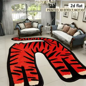 2D flat creative irregular rug, red tiger shaped decorations minimalist luxury fashionable home decor rug suitable for cloakroom corridors soft mat bathroom washable rug
