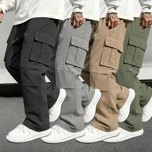 Menswear 4-Pack Men’s Spring/Summer Lightweight Non-Stretch Polyester Loose Casual Cargo Pants, Elastic Waist with Drawstring, Side Pockets, Full-Length Streetwear Pants outdoor activity