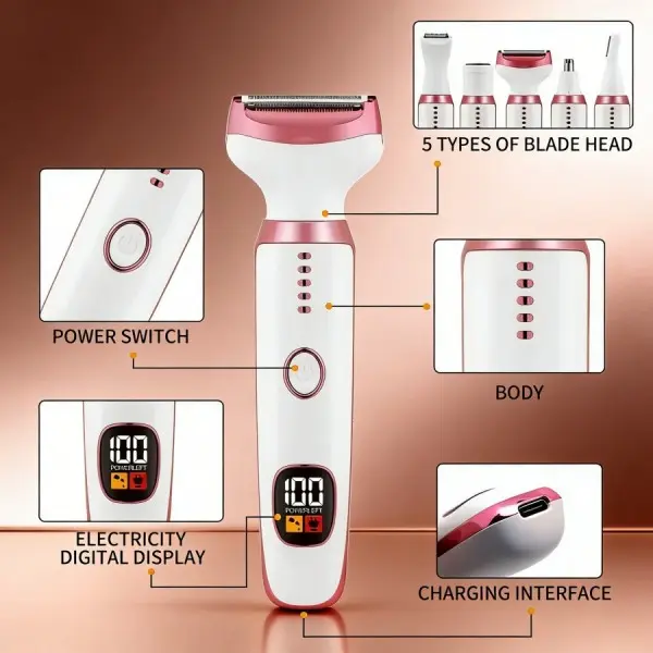 5-in-1 Electric Hair Trimmer with Digital Display, Multi-Purpose Facial & Body Grooming Tool for Eyebrow, Facial and Bikini Line Hair Trimming, Pink