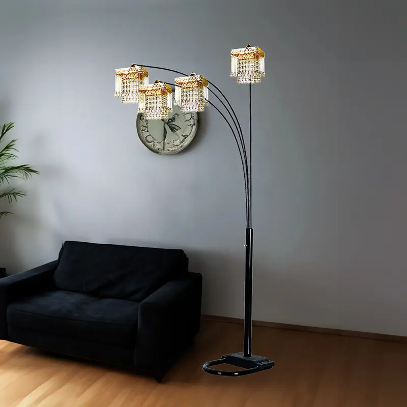 Black 4-Square Shade Crystal-Inspired Arch Floor Lamp, Adjustable Arms Lamps & Bases & Shades, 3-Way Decorative Accent Light for Bedroom, Modern Mood Lighting, 46x46x84in, 30lbs, UL/cUL Listed, Decorative Lighting