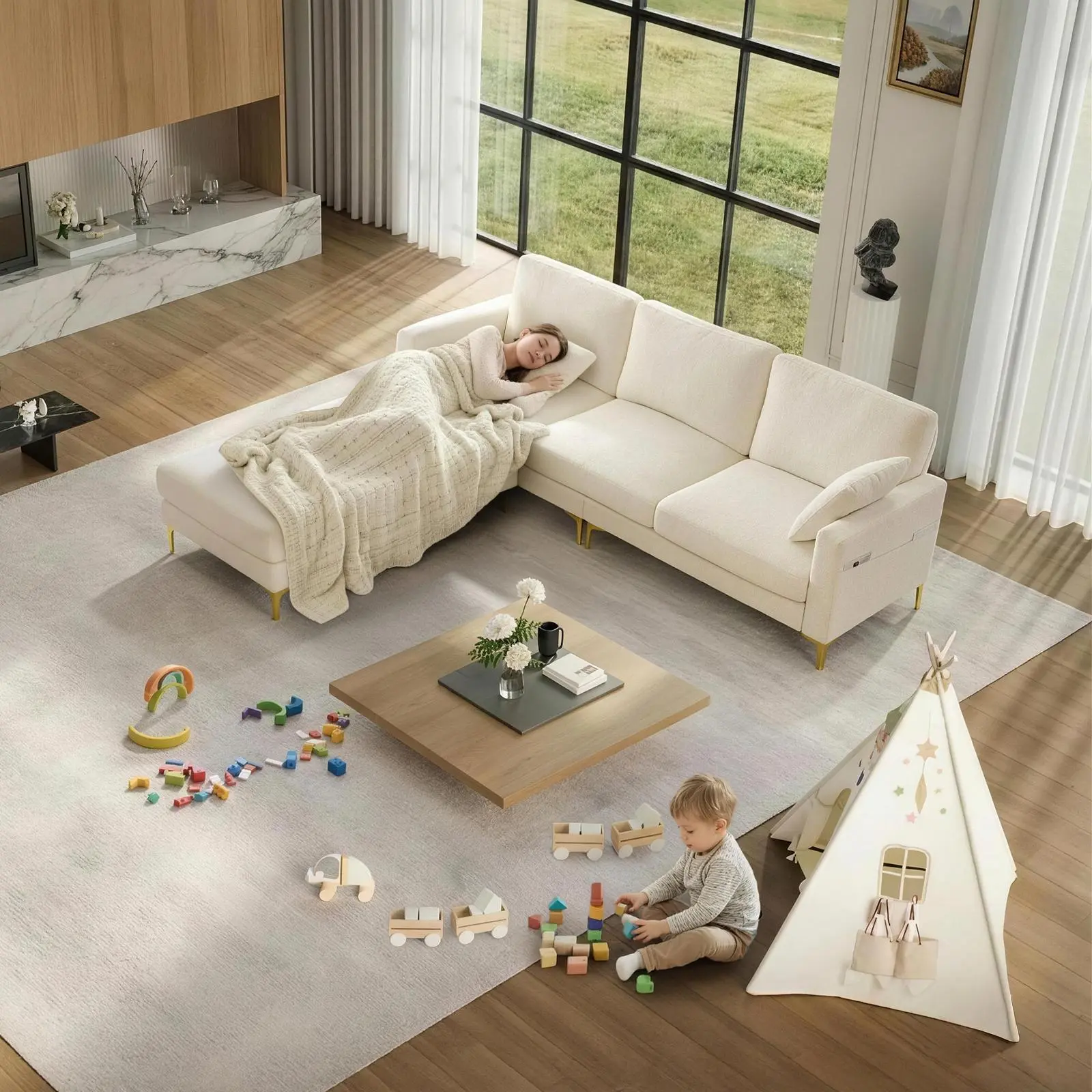 Living Room High-End L-Shaped Sofa | 92.9 Inches Wide | Versatile Freedom of Combination | Gold Metal Legs | Easy to Assemble Sturdy Construction