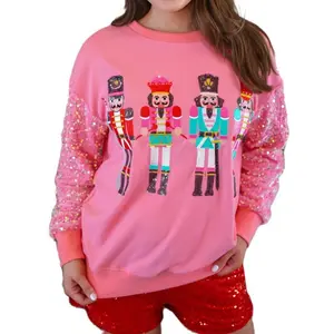 Women’s Christmas Loose Pullover Sparkly Sequin Long Sleeve Crew Neck Sweatshirt with Soldier Print