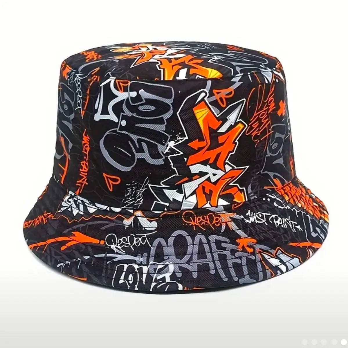 Graffiti-Print Bucket Hat - 100% Polyester Black with Bold Lettering & Patterns Hand or Dry Clean Only Knitted Fisherman Cap