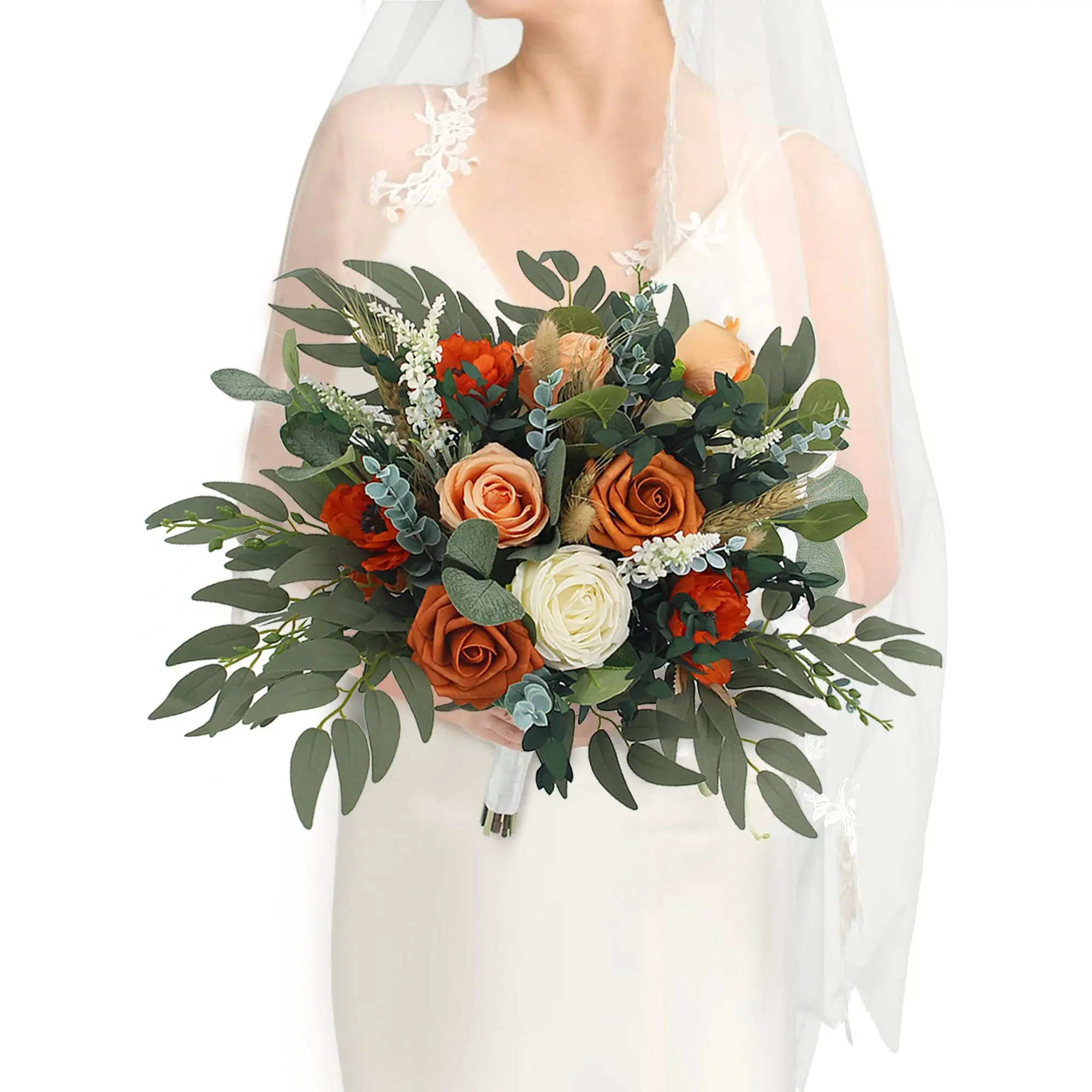 Rinlong 18-in Warm Elegant Long-Lasting Burnt Orange Silk Flowers Bouquet - Foam Cream Silk Blooms Bridal Wedding Decor for Home, Festive Party Supplies