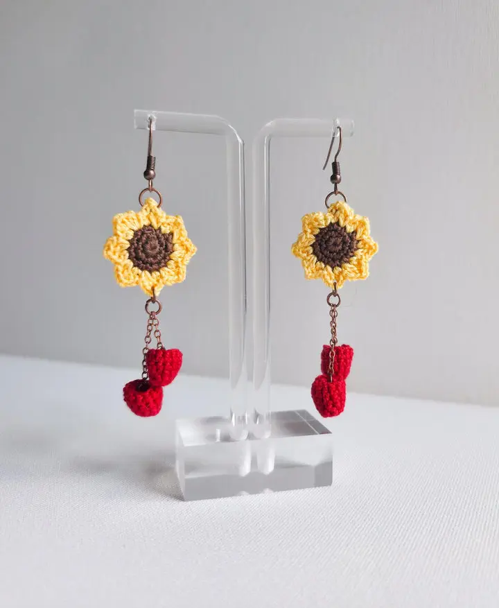 Crochet Sunflower and Raspberry Earrings Handmade Cotton Floral Fruit Earrings with Hypoallergenic Hooks Lightweight Statement Jewelry 3 Inches Long