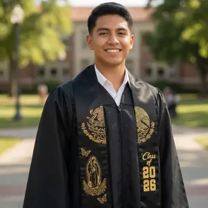 Personalized Black Gold Mexican Grad Stole – Custom Virgin Mary Eagle Heritage Sash, Class of 2026 Apparel
