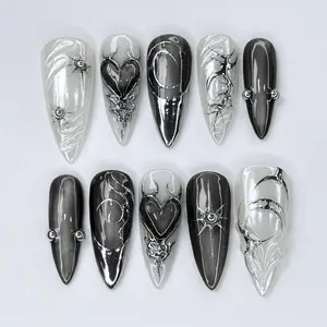 Gothic Chrome Press On Nails, Long Black and Silver Nails with 3D Heart, grunge nails, Goth press on nails, Gothic Nails, Chrome Black Nails