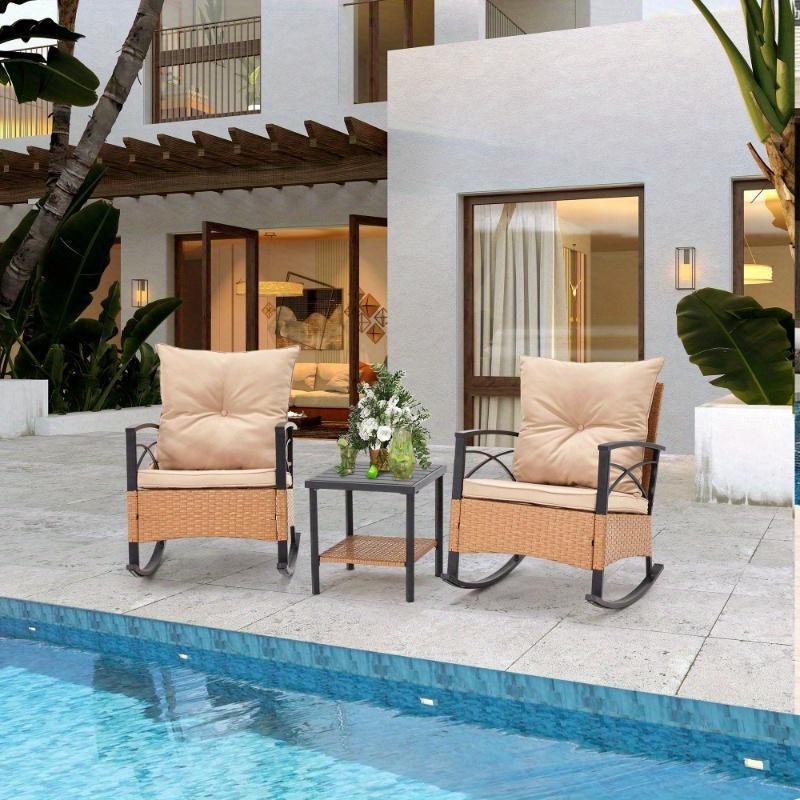 Patio Rattan Rocking Chairs Set of 3, Outdoor Dining Chairs with Cushion and Coffee Table, Patio Rocker Chair Set for Porch and Backyard Beige