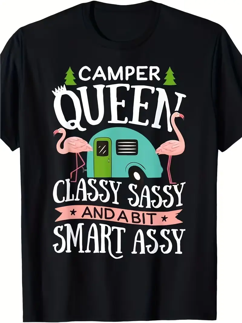 Women's Round Neck Short-Sleeve Top, Heat Transfer Printing Camper Queen Graphic T-Shirt - Classy Sassy Smart Funny Design, Ideal for Camping RV, Halloween Christmas Gift for Men Women, Shortsleeve, Tops