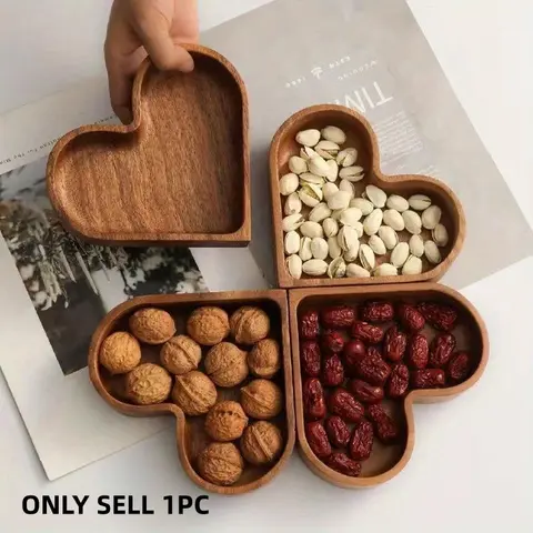 1pc Heart-Shaped Wooden Serving Tray Set, Stackable Walnut Color Fruit Bowl with Lid, Kitchen and Dining Table Serving Platter for Dry Fruits, Appetizers, Large Covered Soup Bowl, Acacia Wood Dishware, Snack Containers with Lids, Home Container