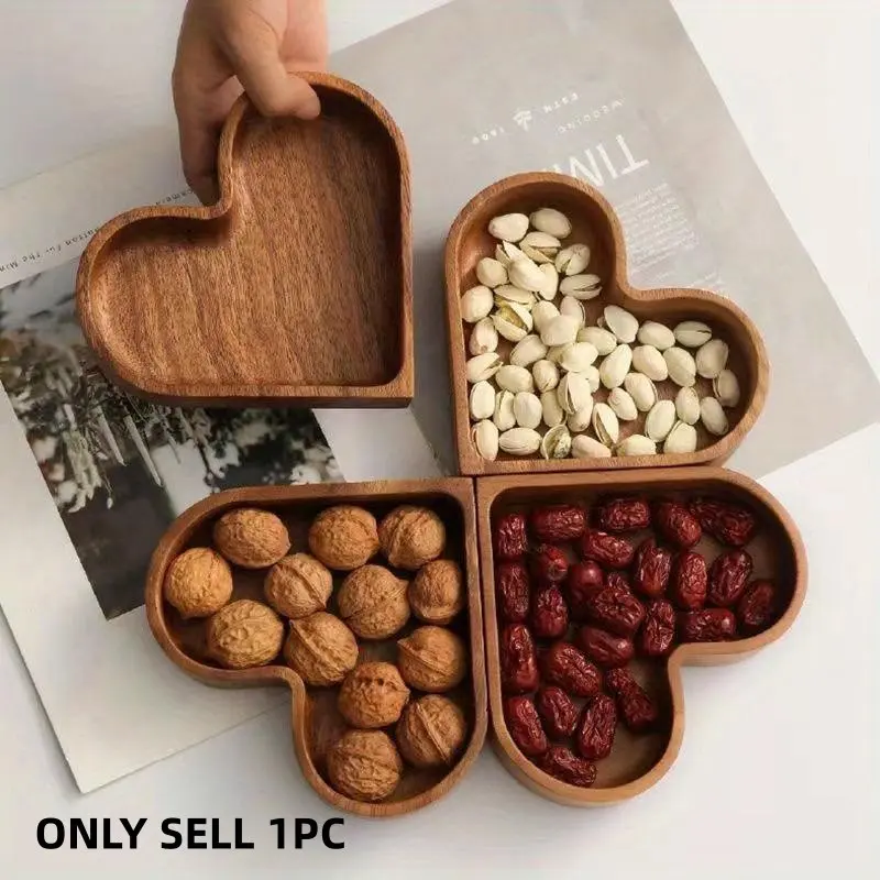 1pc Heart-Shaped Wooden Serving Tray Set, Stackable Walnut Color Fruit Bowl with Lid, Kitchen and Dining Table Serving Platter for Dry Fruits, Appetizers, Large Covered Soup Bowl, Acacia Wood Dishware, Snack Containers with Lids, Home Container