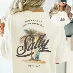 Women's Cotton Printed Christian Round Neck T-Shirt - Soft, Comfortable, Fitted Streetwear Top with Bible Verse, Gym & Summer Beach Apparel, Unisex Simple Religious Style, Salty VS4