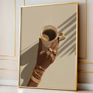 Chic Feminine Wall Art – Melanin Hand Illustration with Coffee Cup, Black Girl Art Print, Neutral Decor, Unframed Room Art | 5 Size, 8x12 to 27x40 inch