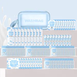 Laikou Milk Travel Set 100pcs, Hand Cream Lip Mask Sleep Mask Mud Mask Cleanser Essence Eye Cream Face Cream, Makeup Bag
