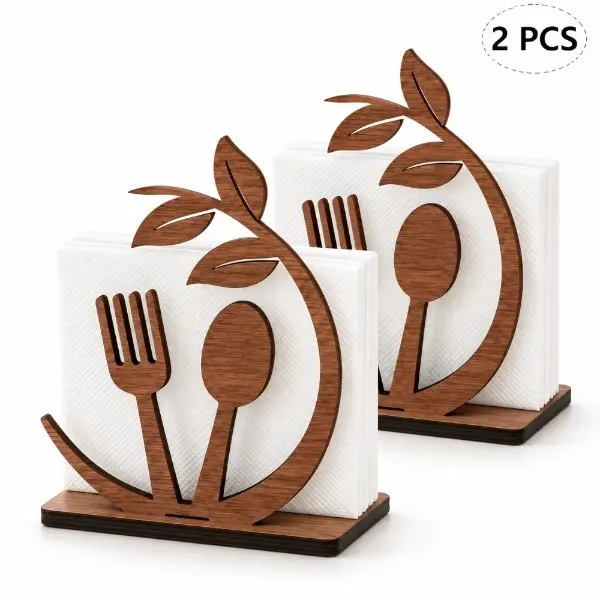 Wooden Napkin Holder Set of 2 with Fork and Spoon Design for Table Settings