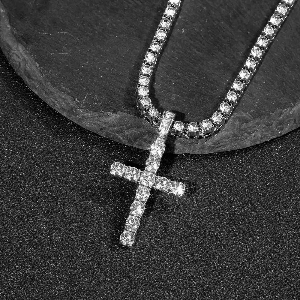 Silver-Tone Artificial Zircon Inlaid Cross Necklace - Streetwear Outfits Tennis Chain, Iced Out Cuban Chain Necklaces, Faith-Based Fashion Sparkle Shine Stainless Steel Jewelry for Party Daily Wear