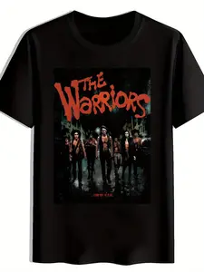 Warrior Pattern Urban Black T-Shirt - Vintage 70s/80s style, distressed design, bold red text, perfect casual wear for movie lovers