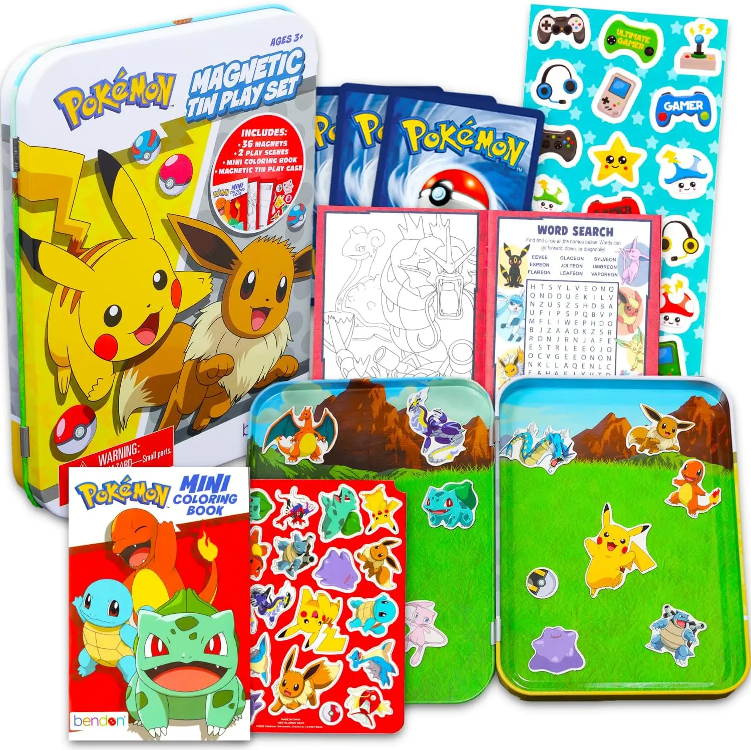 Pokemon Magnetic Creations Toy - Bundle with 36 Magnetic Play Pieces Plus Mini Coloring Book, Stickers and Pokemon Cards for Kids, Toddlers | Activity Play Set
