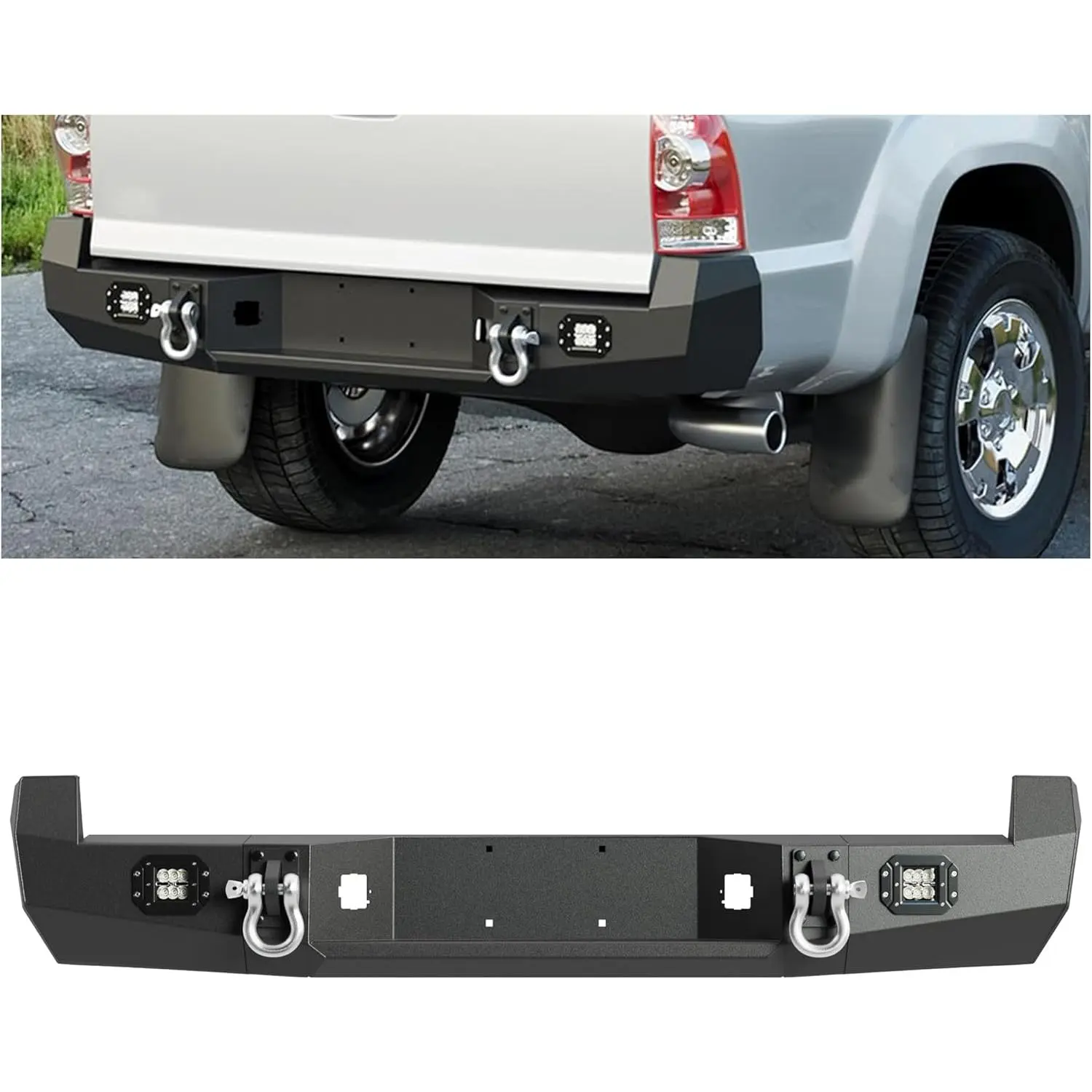 KQQIO Vehicle-Specific Fit Rear Bumper Auto Part, Off-Road Black Steel Bumper with LED Light, License Plate, D-Rings for 2005-2015 Toyota Tacoma Pickup Truck Car Accessories