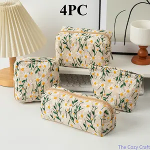 4 In 1  Daisy Embroidered Multipurpose Pouch, Portable Canvas Storage Bag, Multifunctional Cosmetic Sanitary Pad Pencil Organizer for Daily Carry Travel Outdoor School Bathroom Personal Item Arrangement summerwins