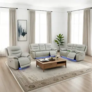 3-Piece Modular Power Recliner Sofa Set, Modern Light Grey Breathable Leather-PVC Upholstery, Electric Recline, Blue LED Strip Base Lights, Drop-Down Storage Console, Foldable Tray, Dual Cup Holders, USB Ports for Living Room Home Cinema