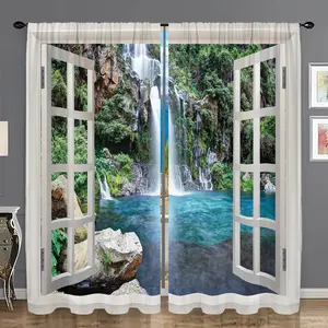 2Panels/Set Nature Landscape Waterfall Stone Pattern 3D Design Window Curtains Light-Filtering Polyester Drapes With Rod Pocket For Living Room Bedroom Kitchen Laundry Bathroom Door Protecting Privacy Home Decor curtains