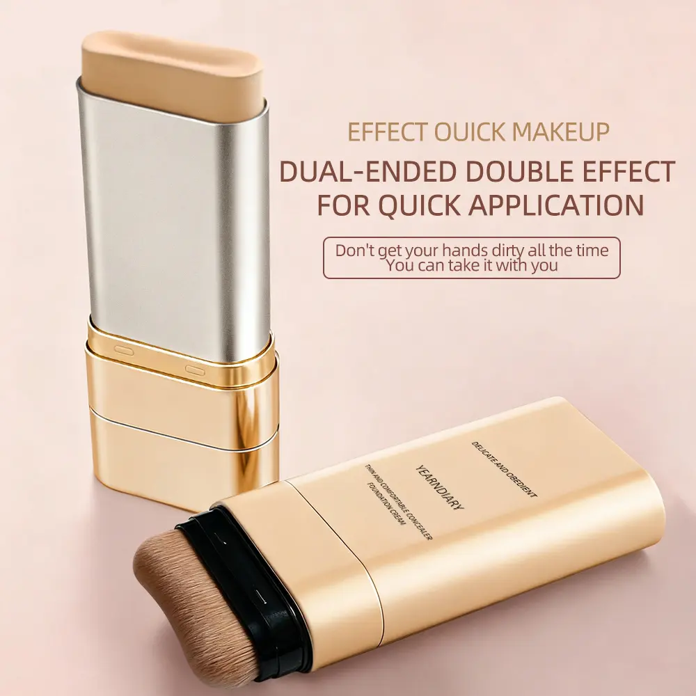 Dual-Ended Moisturizing Concealer Foundation Hybrid Stick with Brush Head, Lightweight Radiant Finish Hydrating Flawless Coverage, Blendable Long Lasting Makeup for Daily Commute, Outdoor Travel, Dates