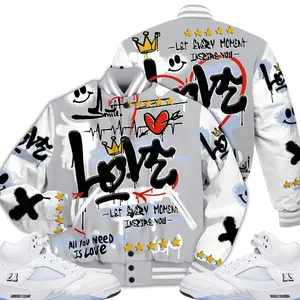 Retro White Metallic 5s Outfits Varsity Jacket, Happy Love Beats Graffiti Outfits Streetwear Unisex Sneaker Matching Shirts