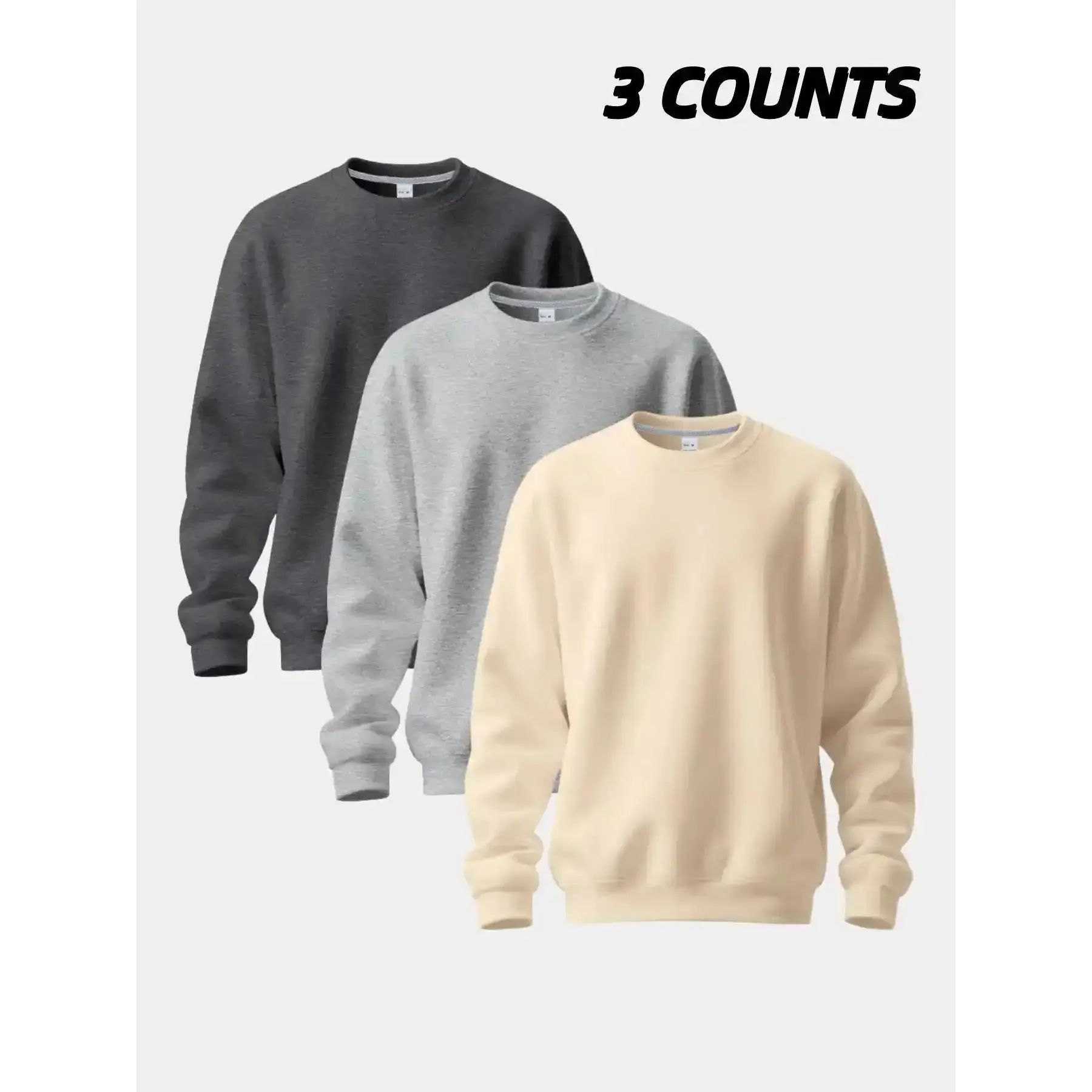 Men 3 Pack Crew Neck Sweatshirts 2026 Soft Fleece Cozy Casual Fitted Pullover Set Classic Solid Color Long Sleeve Daily Workout Layering