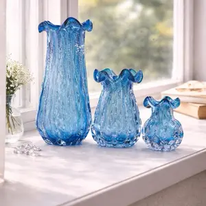 Blue Glass Vase Set - Premium Gradient Blues for Coastal & Modern Decor - Elegant Floral Arrangements & Decorative Item - Tranquil Aegean Sea Inspired Design