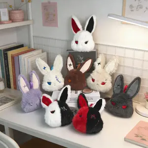 Gothic Black and White Split Bunny Plush Keychain, Emo Grunge Rabbit Stuffed Bag Charm with Cross Eye, Spooky Cute Bunny Pendant for Backpack, Keys, Handbag, Women Girls, Gothic Style Fans, Gift