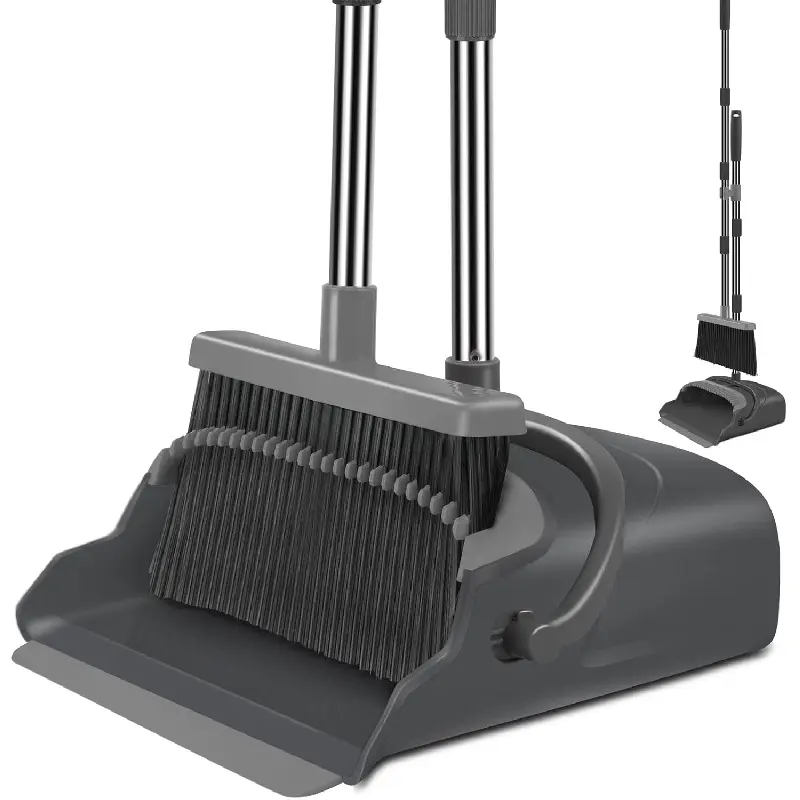 Black & Gray Extendable Stand-Up Rubber Bristle Broom and Dustpan Set, Comfort Grip Handle Sweeper Combo, Efficient Pet Hair Cleaning Tool for Home Multi-Surface Floor Supplies